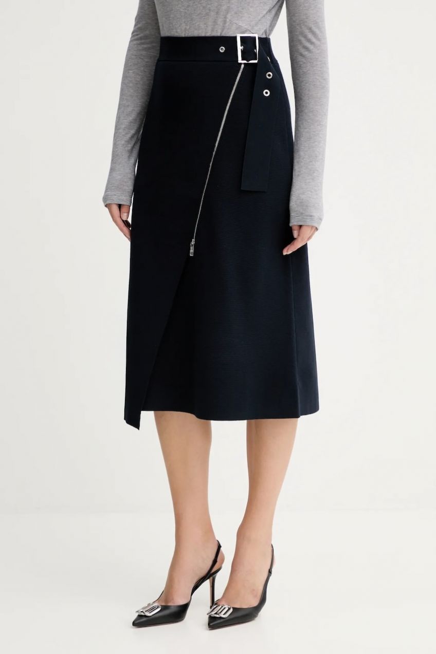 Sukňa BOSS Feliora tmavomodrá farba, midi, áčkový strih, 50542878