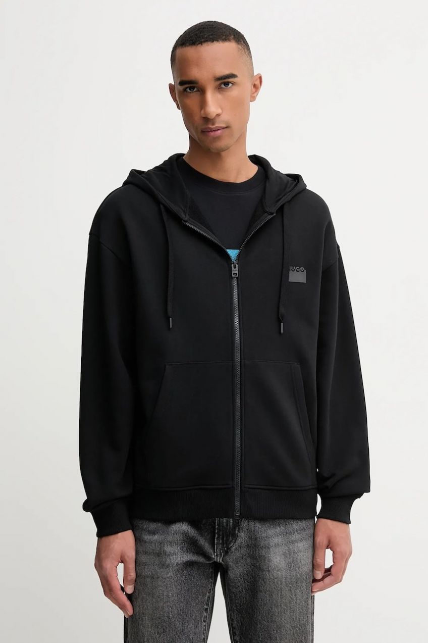 Bavlnená mikina HUGO Delastomer čierna farba, s kapucňou, s potlačou, 50546874