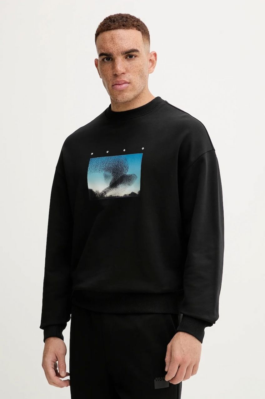 Bavlnená mikina HUGO Dorizonto čierna farba, s potlačou, 50549165