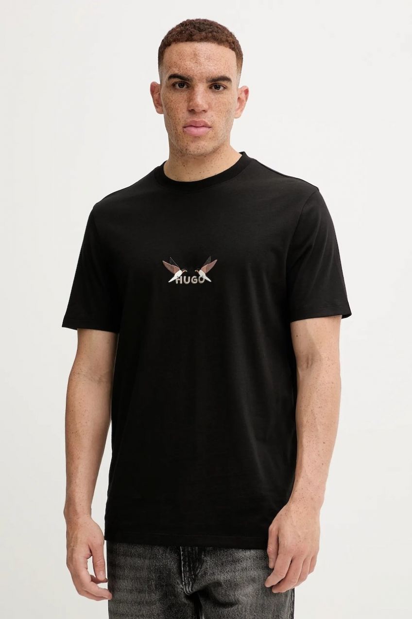 Bavlnené tričko HUGO Dugolini pánske, čierna farba, s nášivkou, 50549154