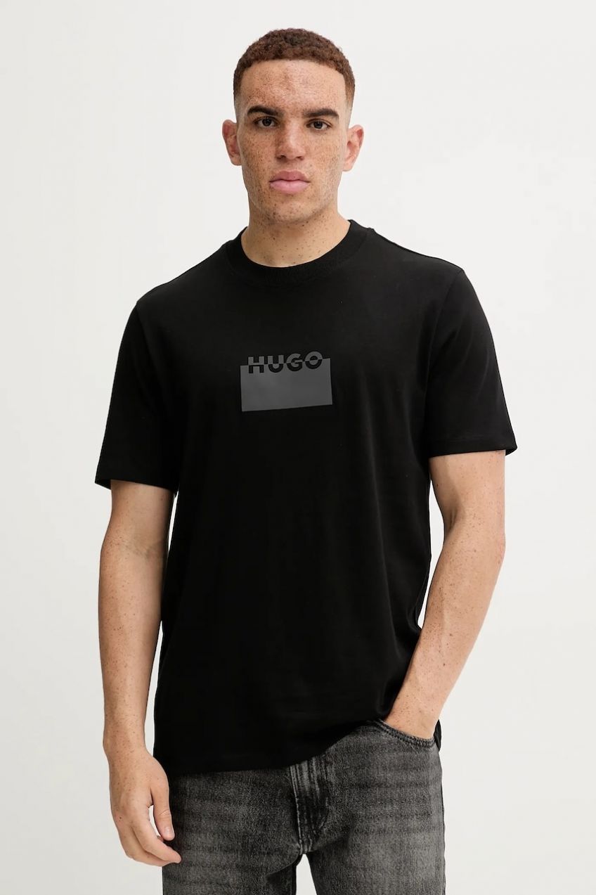 Bavlnené tričko HUGO Delastio pánske, čierna farba, s potlačou, 50546867