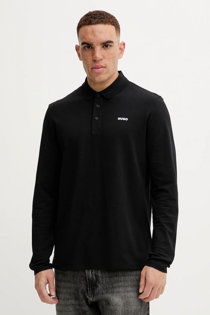Bavlnené tričko s dlhým rukávom HUGO Donoslong čierna farba, s potlačou, 50547358