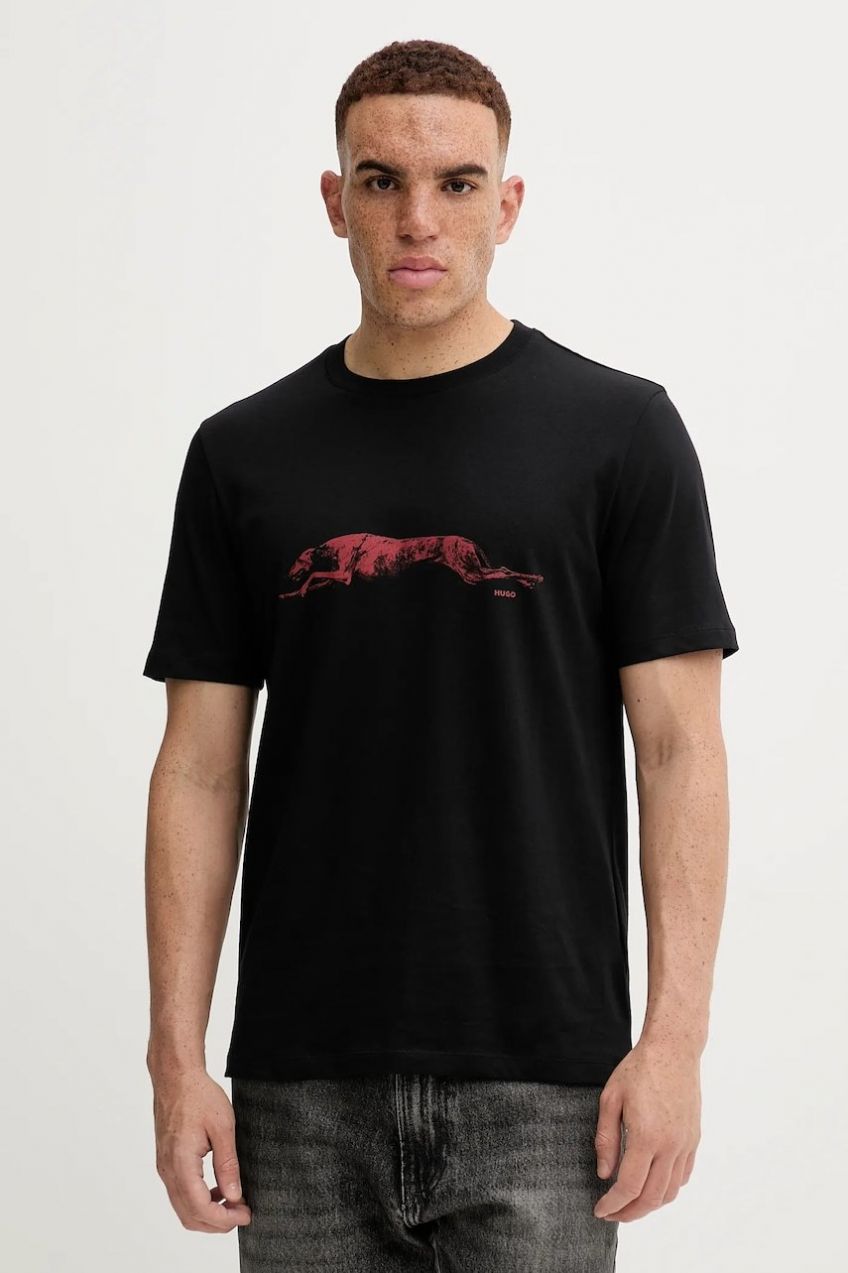 Bavlnené tričko HUGO Didug pánske, čierna farba, s potlačou, 50548557