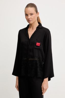 Pyžamová košeľa HUGO RED LABEL LACE_SHIRT čierna farba, čipkovaná, 50549982