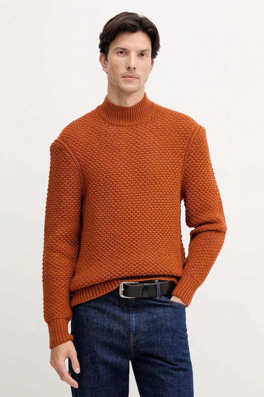 Vlnený sveter BOSS C-Heletto oranžová farba, s polorolákom, 50550008