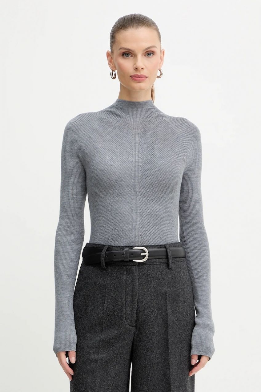 Vlnený sveter BOSS Foliora šedá farba, ľahký, s polorolákom, 50549166