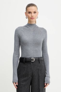 Vlnený sveter BOSS Foliora šedá farba, ľahký, s polorolákom, 50549166