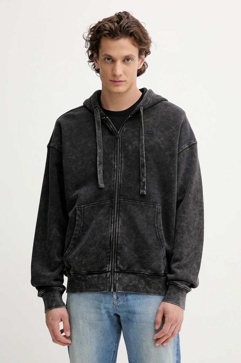 Bavlnená mikina G-Star Washed loose čierna farba, s kapucňou, jednofarebná, D27084-D575