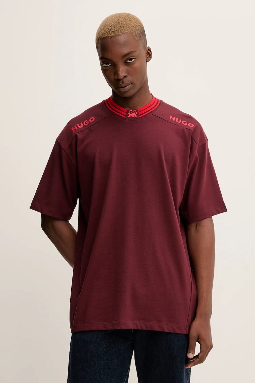 Bavlnené tričko HUGO Dydall_RB pánske, bordová farba, s potlačou, 50549604