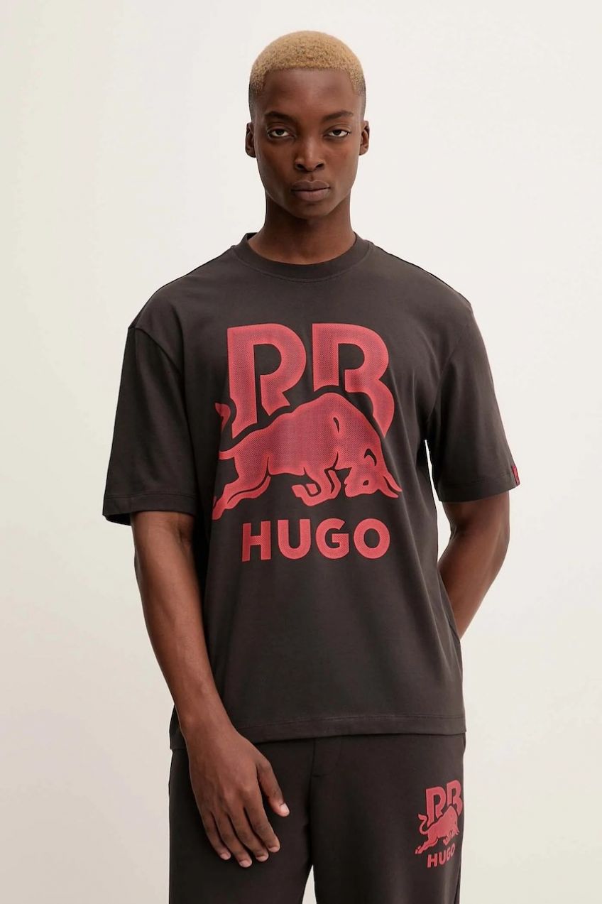 Bavlnené tričko HUGO Dayla_RB pánske, hnedá farba, s potlačou, 50551836