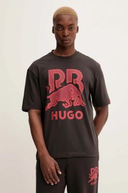 Bavlnené tričko HUGO Dayla_RB pánske, hnedá farba, s potlačou, 50551836