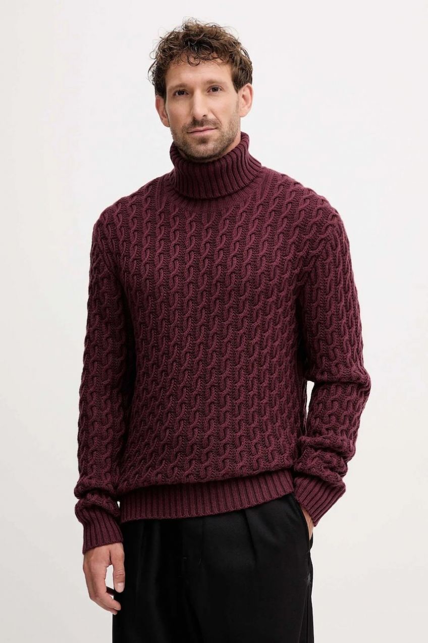 Vlnený sveter BOSS BECKHAM X BOSS bordová farba, s rolákom, 50554338