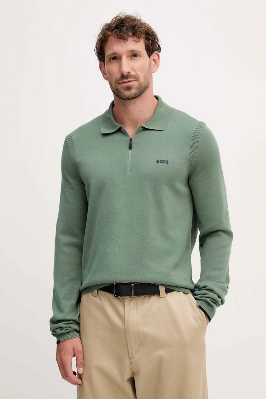 Bavlnený sveter BOSS Green KN_Ever-X PL zelená farba, ľahký, 50551688