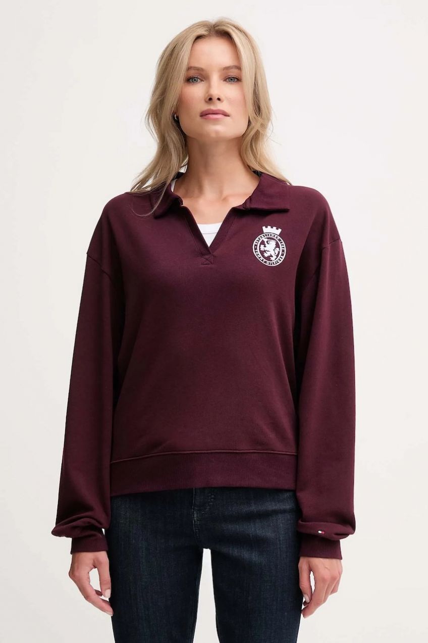 Mikina Tommy Hilfiger bordová farba, s nášivkou, UW0UW06078