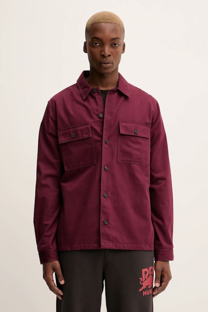 Bavlnená košeľa HUGO Epoldo bordová farba, regular, s klasickým golierom, 50545383