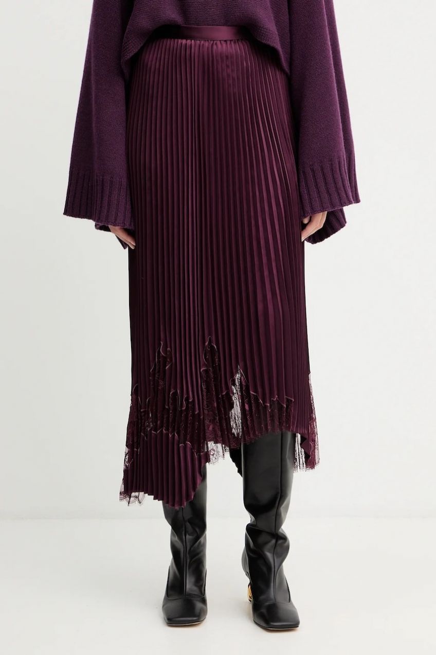 Sukňa BOSS Velacey bordová farba, midi, áčkový strih, 50546594