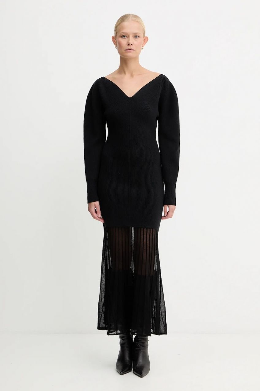 Šaty s prímesou vlny BOSS Fulenti čierna farba, midi, priliehavé, 50550771