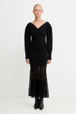 Šaty s prímesou vlny BOSS Fulenti čierna farba, midi, priliehavé, 50550771