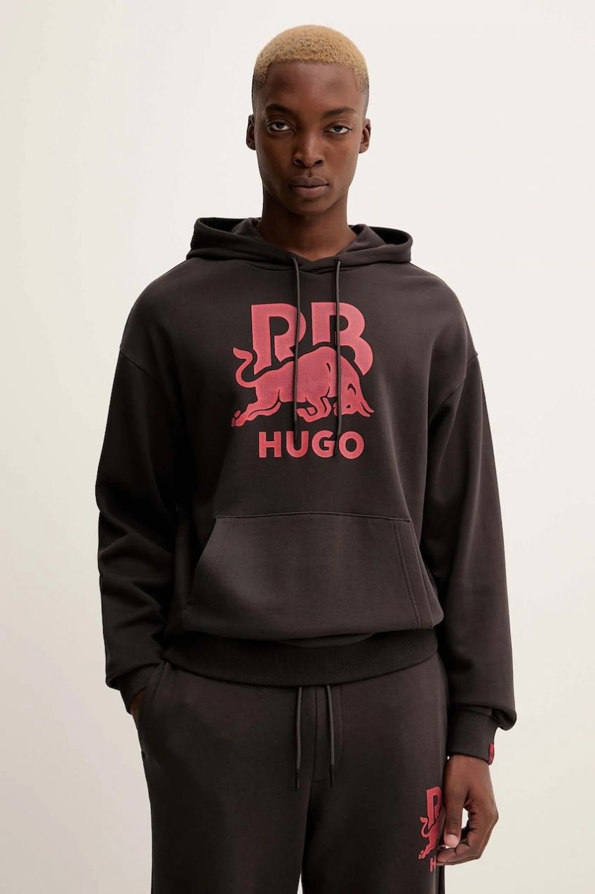 Bavlnená mikina HUGO Doverlohood_RB hnedá farba, s kapucňou, s potlačou, 50549313