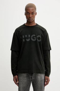 Bavlnené tričko s dlhým rukávom Hugo Blue Nenzyon čierna farba, s potlačou, 50546541