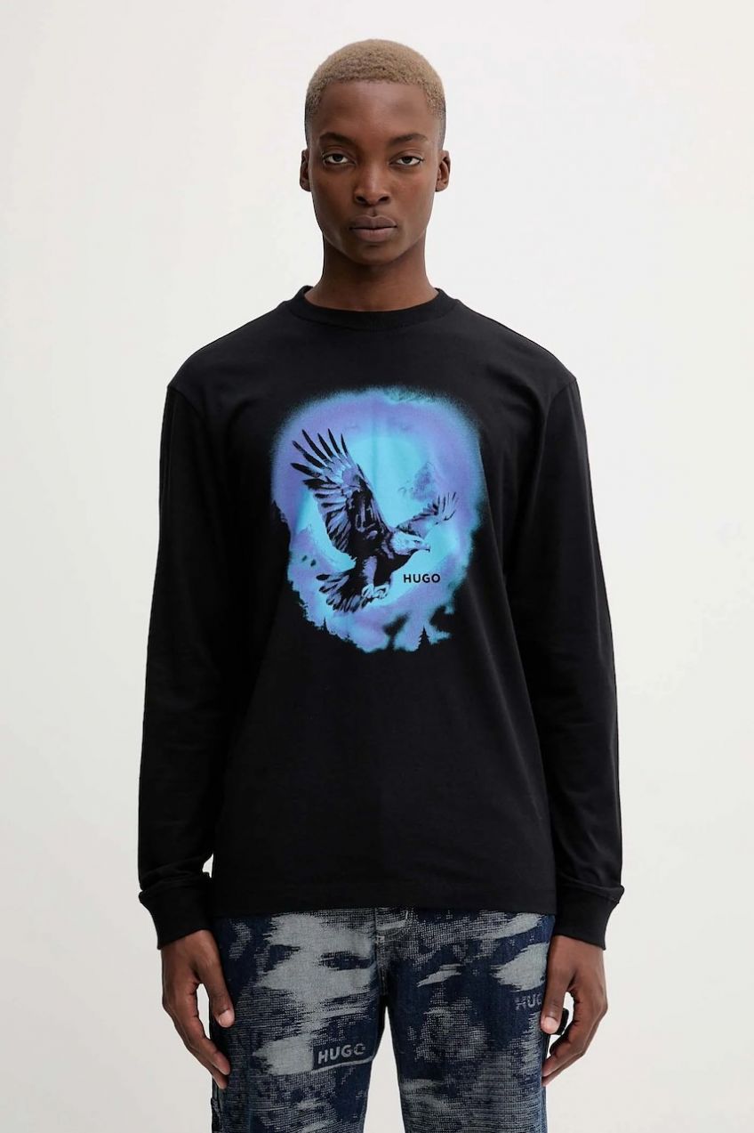 Bavlnené tričko s dlhým rukávom Hugo Blue Nagtox čierna farba, s potlačou, 50549135
