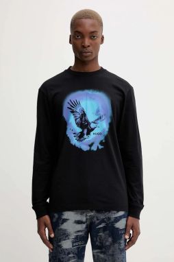 Bavlnené tričko s dlhým rukávom Hugo Blue Nagtox čierna farba, s potlačou, 50549135