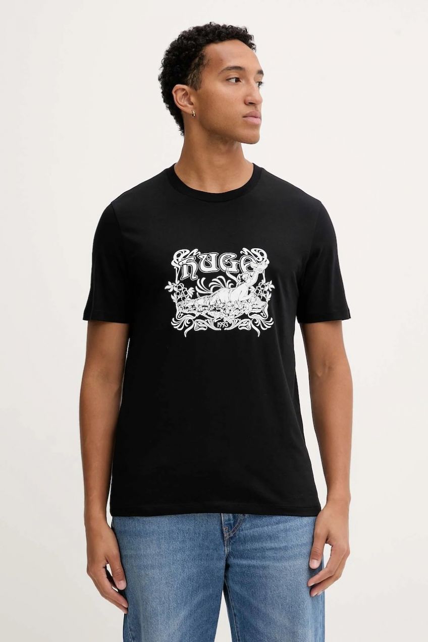 Bavlnené tričko HUGO Diwom pánske, čierna farba, s potlačou, 50548565