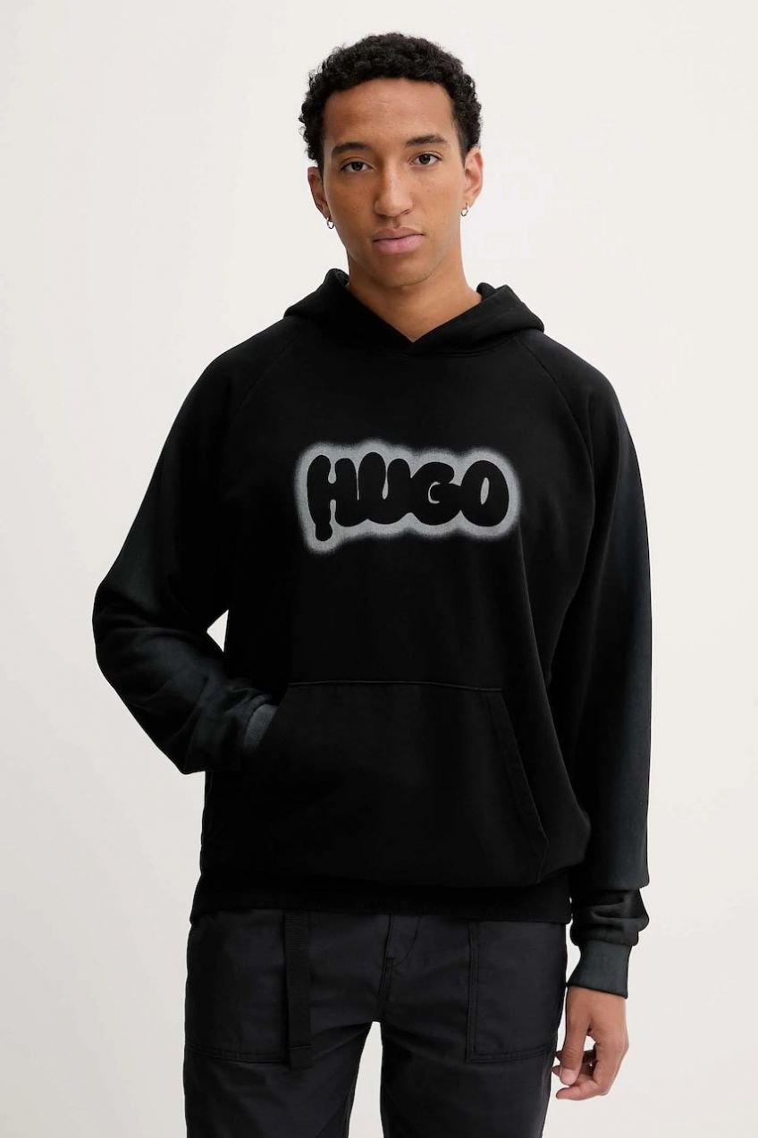 Bavlnená mikina Hugo Blue Nuneony čierna farba, s kapucňou, s potlačou, 50549579