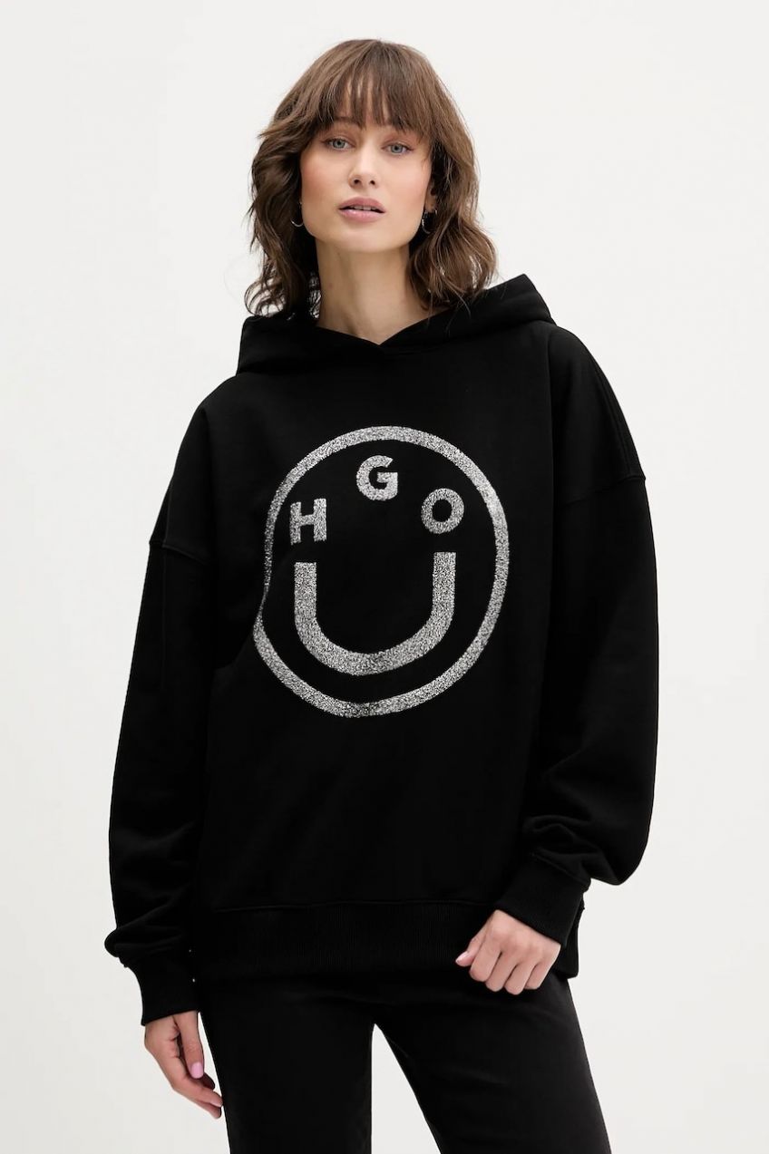 Bavlnená mikina Hugo Blue Dolasa_B_2 čierna farba, s kapucňou, s potlačou, 50550709