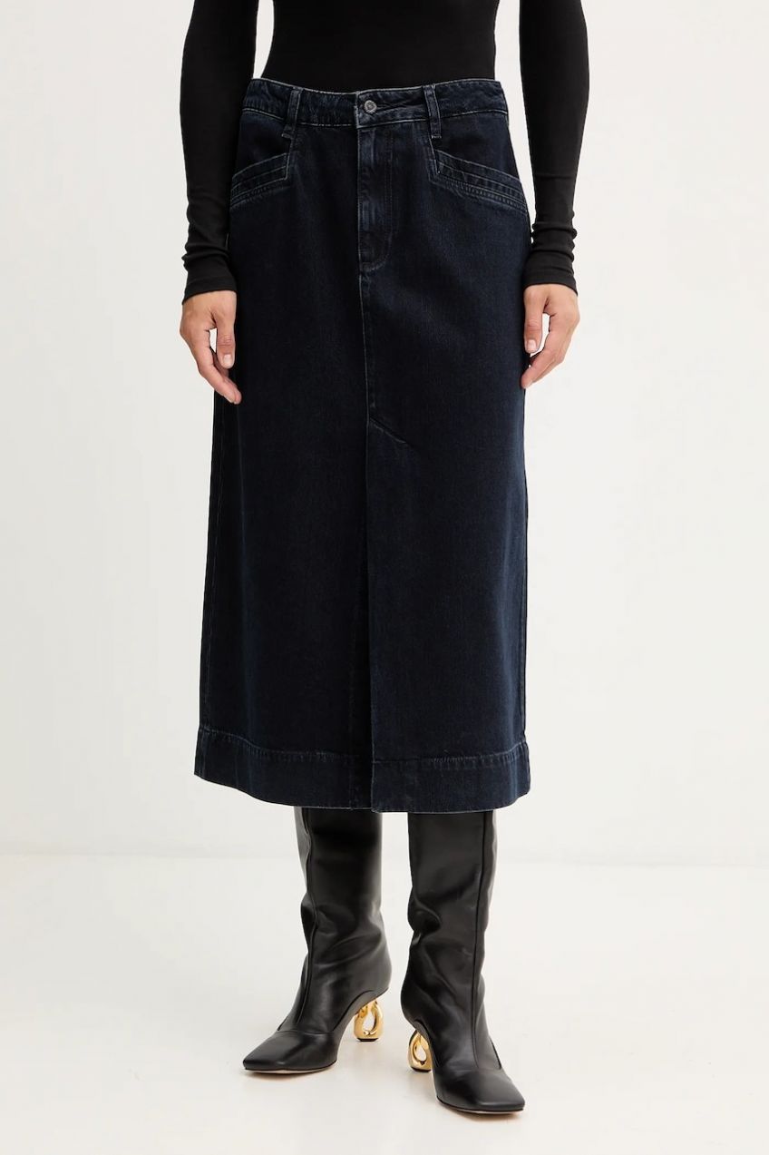 Rifľová sukňa BOSS SEMAIRE tmavomodrá farba, midi, áčkový strih, 50551422