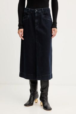 Rifľová sukňa BOSS SEMAIRE tmavomodrá farba, midi, áčkový strih, 50551422