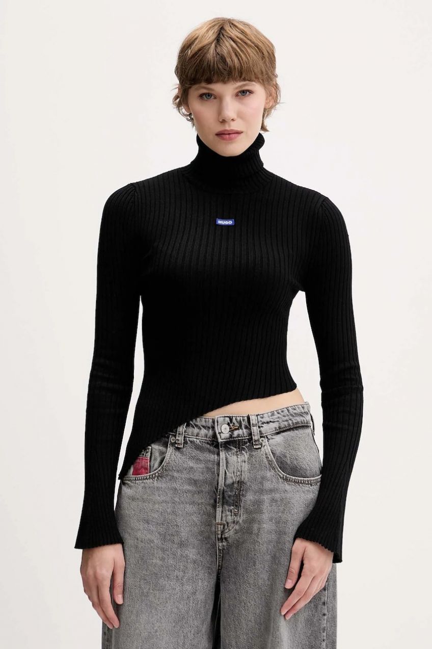Sveter Hugo Blue Somyna_B čierna farba, ľahké, s rolákom, 50548163