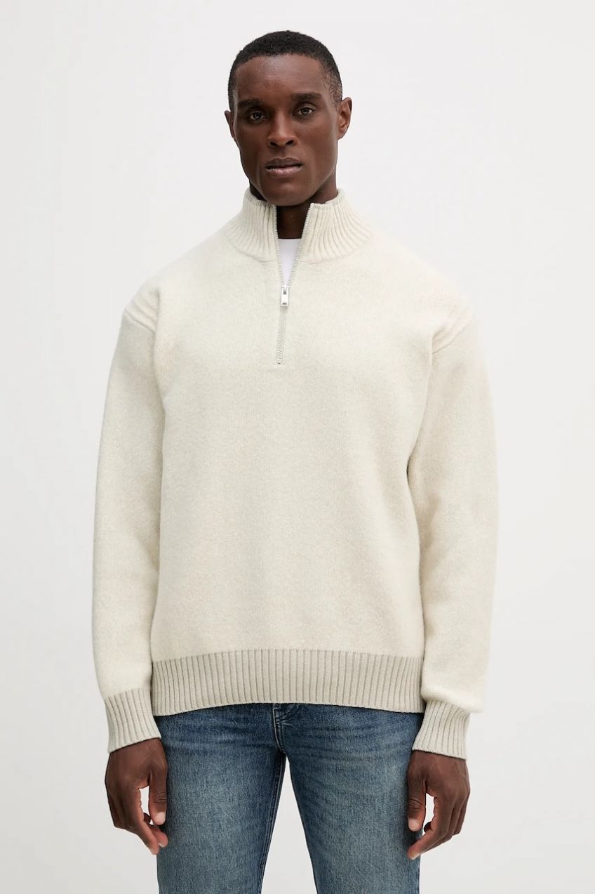 Sveter BOSS Orange Kobear béžová farba, ľahké, s polorolákom, 50548669