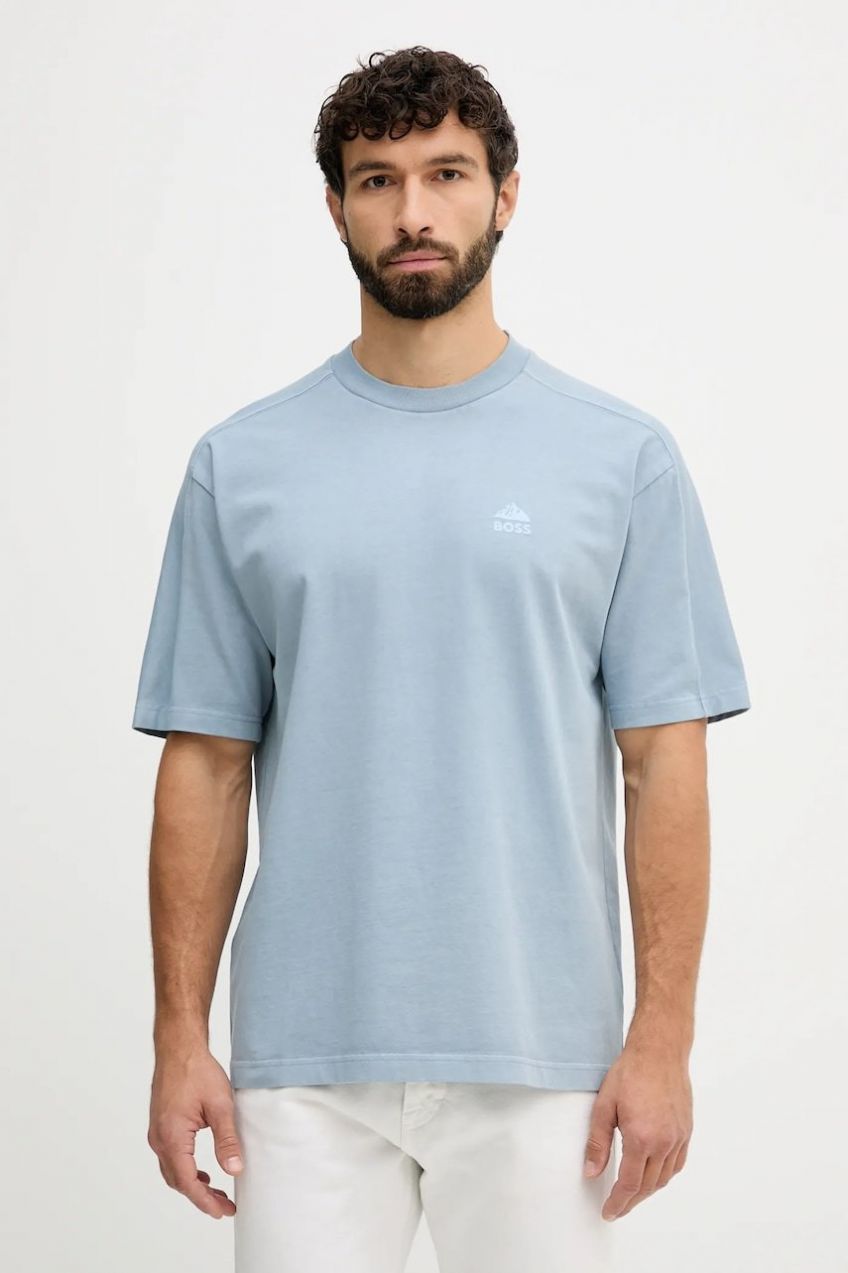 Bavlnené tričko BOSS Orange Te_ice pánske, modrá farba, s potlačou, 50551642