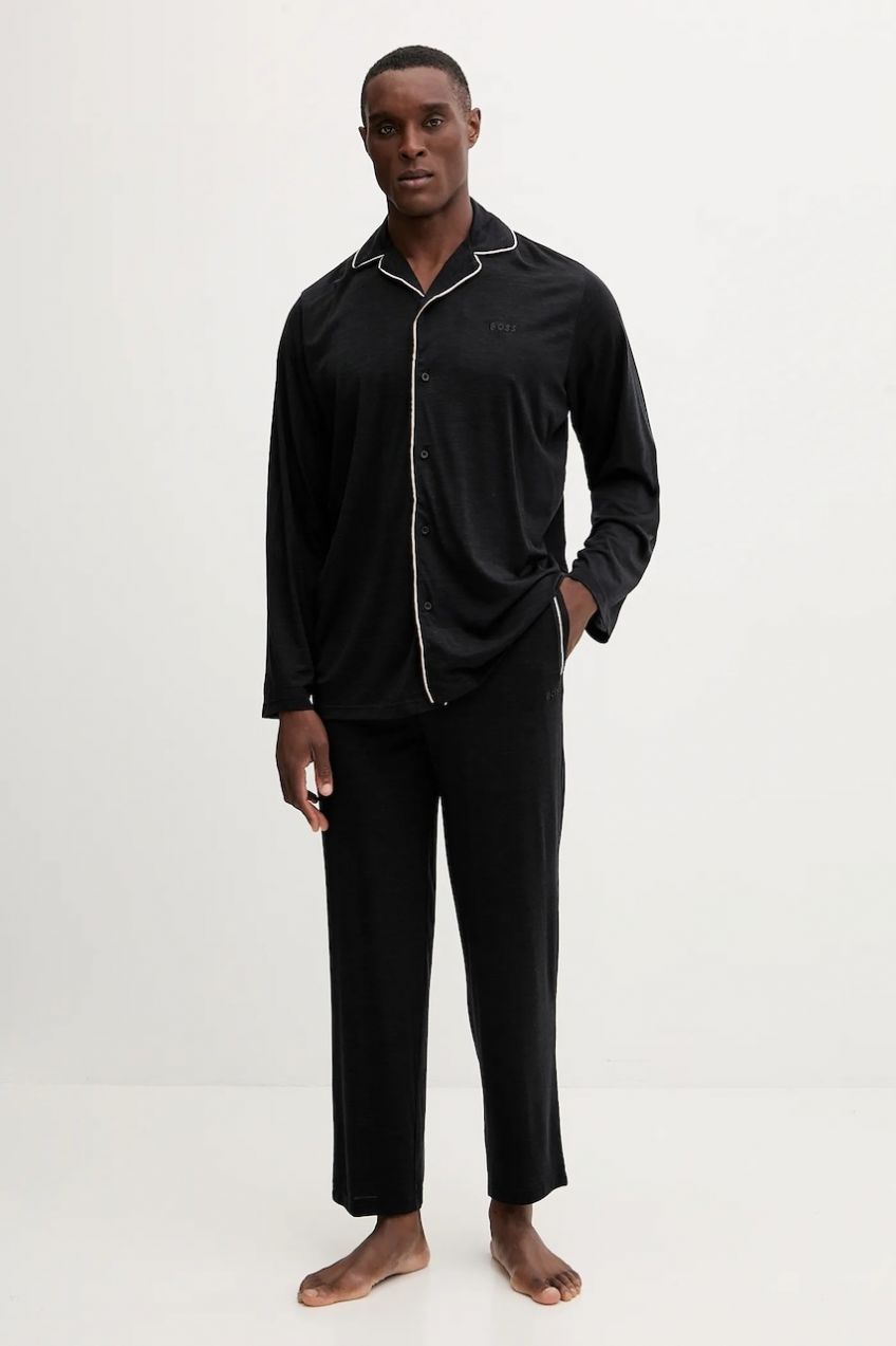 Pyžamo s prímesou vlny BOSS Merino Pyjama čierna farba, melanžové, 50550554