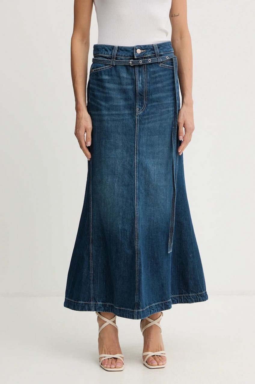 Sukňa BOSS Orange C_ PEPLUM SKIRT HR modrá farba, maxi, áčkový strih, 50548436