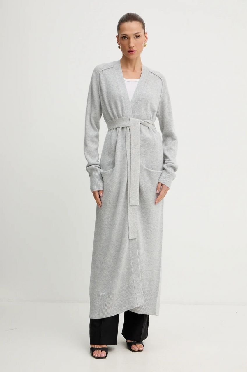 Vlnený kardigán BOSS Fardianna šedá farba, 50550488