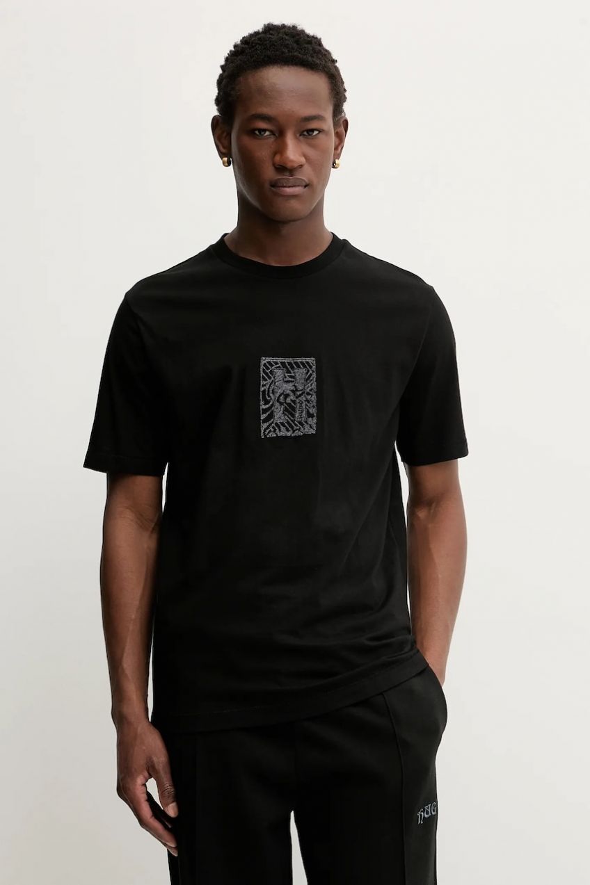 Bavlnené tričko HUGO Dadso pánske, čierna farba, s nášivkou, 50546804