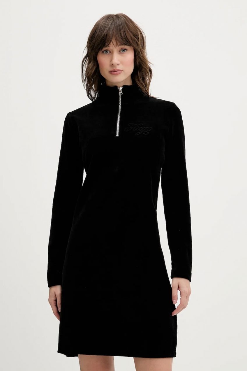 Zamatové šaty Hugo Blue Napensio_B čierna farba, mini, priliehavé, 50549677