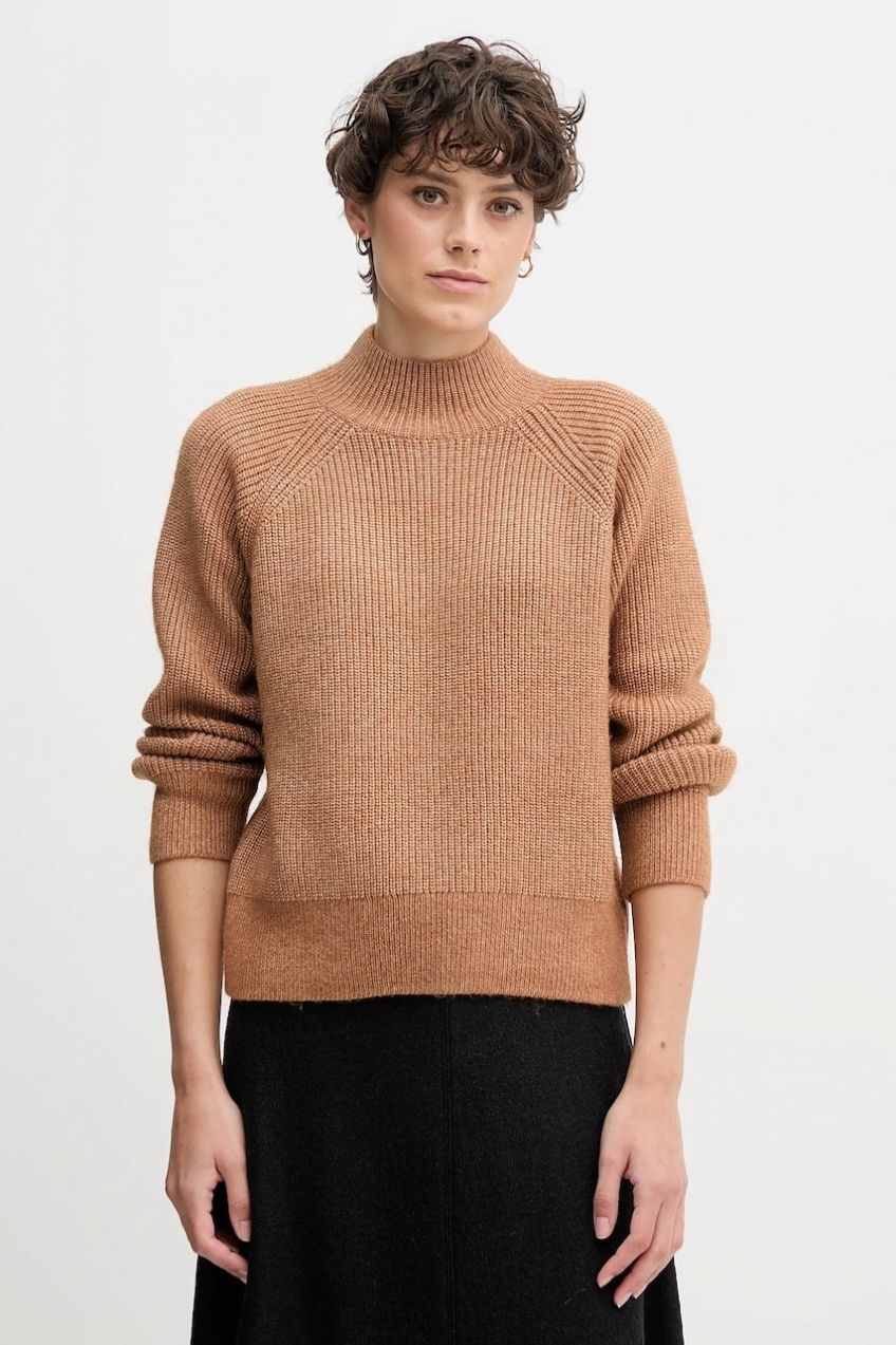 Sveter s prímesou vlny Calvin Klein Jeans hnedá farba, s polorolákom, LV044D372G