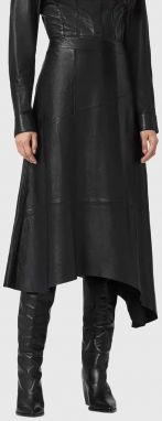 Kožená sukňa AllSaints čierna farba, midi, áčkový strih, W073RD