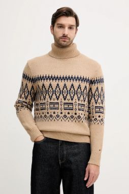 Sveter s prímesou vlny Tommy Hilfiger hnedá farba, teplé, s rolákom, MW0MW40843