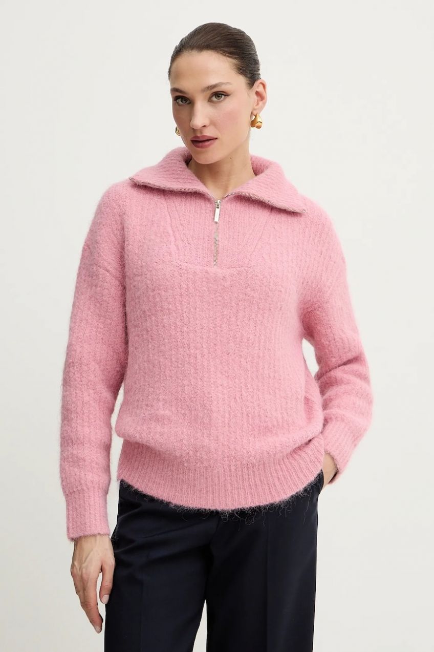 Sveter Morgan ružová farba, hrejivý, s polorolákom, MFLAMI