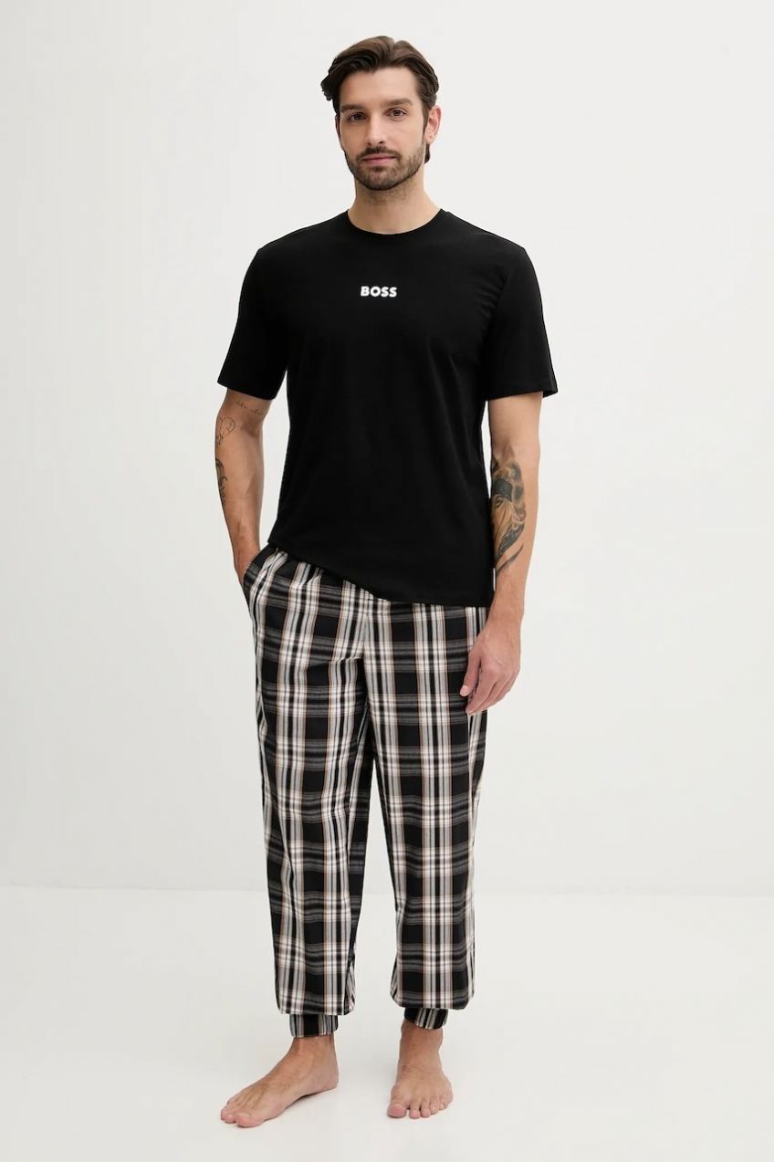 Pyžamo BOSS Easy Long Set TShirt pánske, čierna farba, vzorované, 50535875