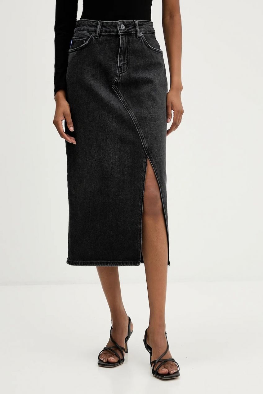 Rifľová sukňa Hugo Blue Goja_B čierna farba, midi, rovný strih, 50546327