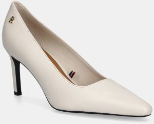 Kožené lodičky Tommy Hilfiger TH LOGO LTH PUMP SLANTED HL béžová farba, FW0FW09008