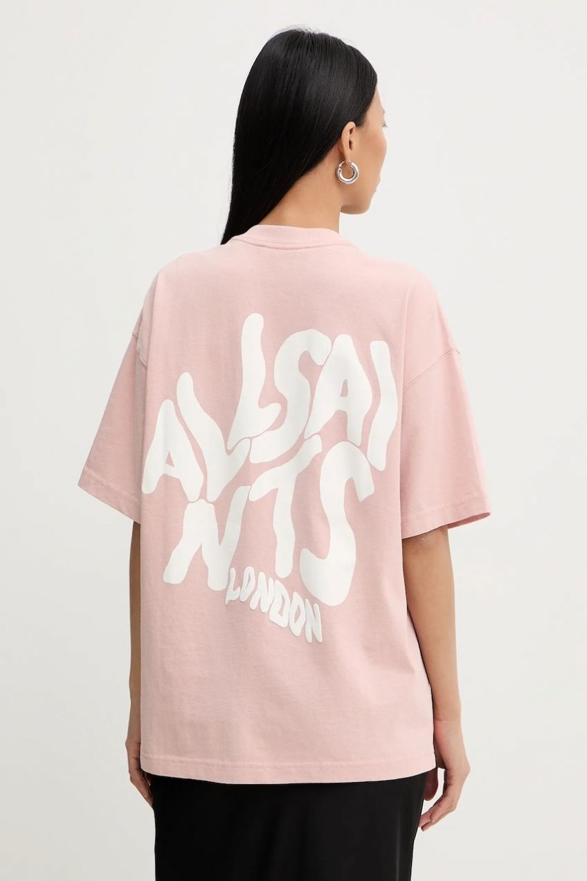 Bavlnené tričko AllSaints dámske, ružová farba, W181JD