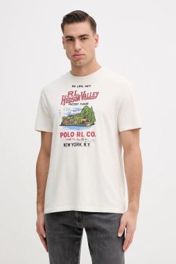 Bavlnené tričko Polo Ralph Lauren pánske, béžová farba, s potlačou, 710P04979