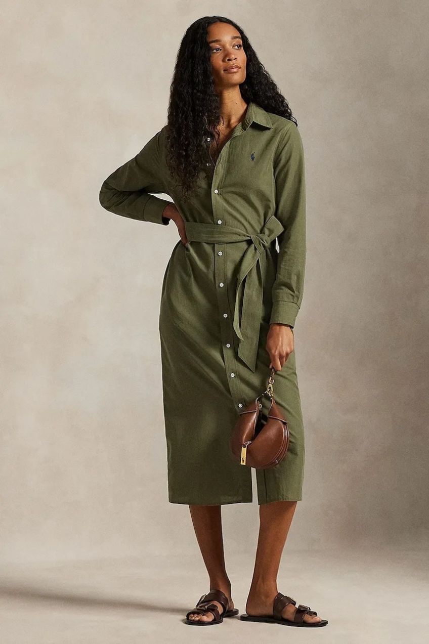 Šaty s prímesou ľanu Polo Ralph Lauren zelená farba, mini, áčkový strih, 211A96346