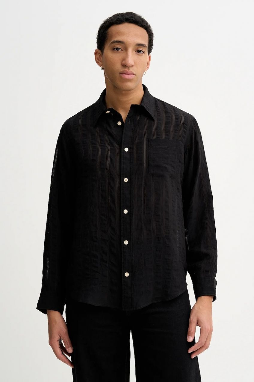 Košeľa AllSaints čierna farba, regular, s klasickým golierom, M025SD